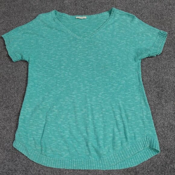 Eileen Fisher Tops - Eileen Fisher Womens Top Small Blue Green Organic Linen Cotton Short Sleeve Knit
